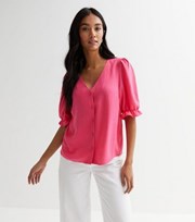 New Look Bright Pink Frill Sleeve Button Front Blouse